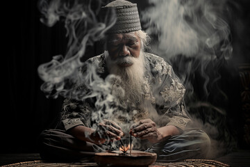 A traditional male magician or healer wearing a hat and robes. Witch doctor surrounded by mysterious fog performing magic. 