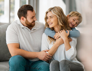 Poster - Playing, hug and child with property, happy family or house to relax with security, safety and care. Smile, love or proud parents on couch with boy, support and trust for bonding together in home