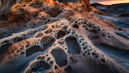 Sticker - A close up of a rock formation with holes in it, AI