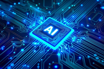 Poster - Advanced AI Chip CPU on a Circuit Board Illuminated with Blue Lights