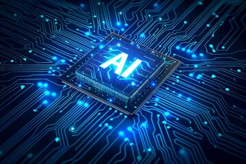 Poster - Advanced AI Chip CPU on a Circuit Board Illuminated with Blue Lights