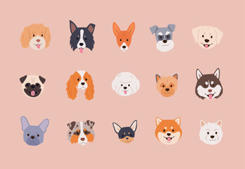  Cute dog faces collection in cartoon style. Flat vector illustration of chihuahua, pug, shiba inu and other breeds
