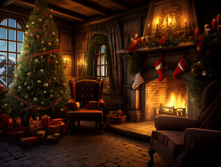 Wall Mural - fireplace with christmas decorations