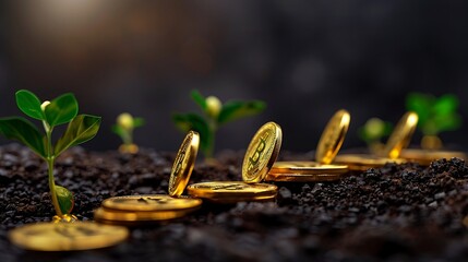 Golden coins with plant growth in steps, dark background, business success,