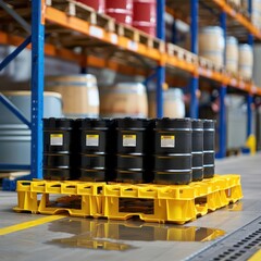 a polyethylene spill containment pallet holding barrels, ensuring safety and environmental protectio