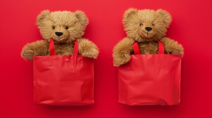 Valentine s day teddy bears in red gift bags on isolated background for teddy day celebration