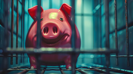 Distraint, bankruptcy, and execution concept, focusing on the confiscation of savings from a piggy money bank.