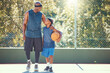 © peopleimages.com - Father and son talking after basketball practice, training or fitness workout on a sport court together. African man and boy hug, love and smile while playing and learning sports game outdoor