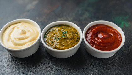 Flavorful sauces in white porcelain bowls on dark stone background. Homemade sauces for food.