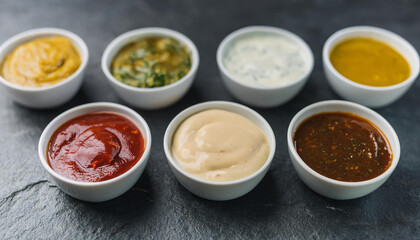 Wall Mural - Flavorful sauces in white porcelain bowls on dark stone background. Homemade sauces for food.