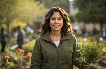 Smiling woman holding bouquet of green plants in garden