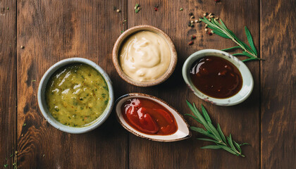 Wall Mural - Dipping sauces in small ceramic bowls, placed on wooden table. Homemade sauces for food. Flat lay.