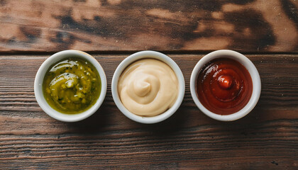 Wall Mural - Dipping sauces in small ceramic bowls, placed on wooden table. Homemade sauces for food. Flat lay.