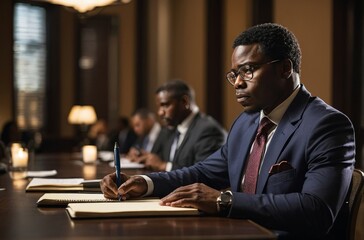 Wall Mural - African-American businessman in suit sits at conference table taking notes during meeting