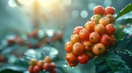 Poster - Coffee beans growing on a tree branch under sunlight.