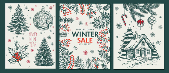 Wall Mural - Christmas set in sketch style, winter sale. Hand drawn illustration.	
