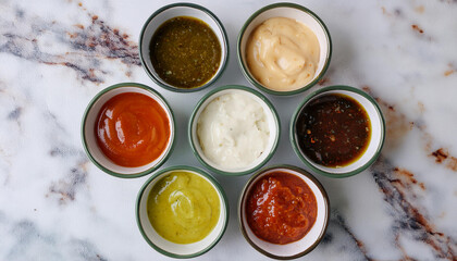 Wall Mural - Assorted dipping sauces in small bowls on marble surface. Homemade sauces for food. Flat lay.