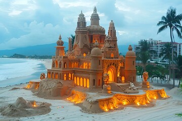 Sticker - A sand castle on a sunny beach with waves in the background.