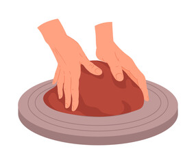 Potters hands work with clay. Ceramic studio potter modeling earthenware, hands making pot or vase flat vector illustration. Pottery workshop process