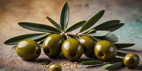 Wall Mural - olive branch with green olives on color background.