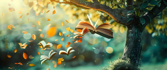 Sticker - International literacy day concept with tree with books like leaves