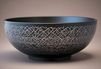 A close-up of a black ceramic bowl featuring intricate geometric patterns etched along the rim. The bowl has a smooth, matte finish with a subtle sheen, and the interior is dark and unadorned. The bac