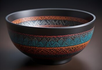 A close-up of a black ceramic bowl featuring intricate geometric patterns etched along the rim. The bowl has a smooth, matte finish with a subtle sheen, and the interior is dark and unadorned. The bac