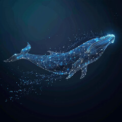 Wall Mural - A blue whale made of many shapes like polygons and dots. It's a digital concept of a whale with stars in the sky. The whale is built of lines and shapes.