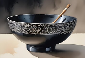 Wall Mural - A close-up of a black ceramic bowl featuring intricate geometric patterns etched along the rim. The bowl has a smooth, matte finish with a subtle sheen, and the interior is dark and unadorned. The bac