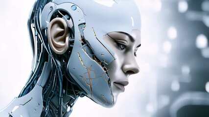 Poster - Face of a futuristic high-tech cyborg robot male. Connecting man and computer with artificial intelligence in the future of humanity