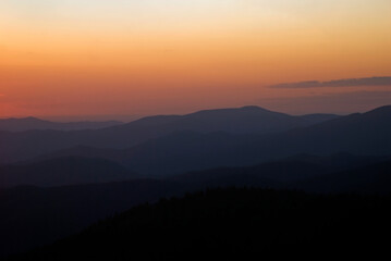 Sunset mountain view from Clingmans Dome in Great Smoky Mountains National Park in Tennessee