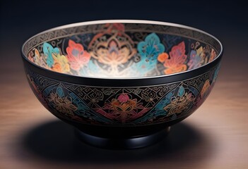 A close-up of a black ceramic bowl featuring intricate geometric patterns etched along the rim. The bowl has a smooth, matte finish with a subtle sheen, and the interior is dark and unadorned. The bac