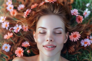 cute flower on woman hair lying on grass in Spring beauty concept