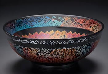 Wall Mural - A close-up of a black ceramic bowl featuring intricate geometric patterns etched along the rim. The bowl has a smooth, matte finish with a subtle sheen, and the interior is dark and unadorned. The bac