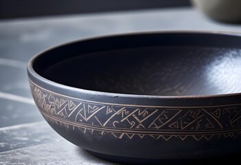 a close-up of a black ceramic bowl featuring intricate geometric patterns etched along the rim. the 