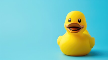 Wall Mural - Yellow rubber duck with cute smile on blue background Children s bath toy concept Minimalist poster design