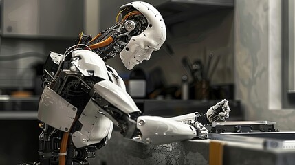 Poster - Advanced Humanoid Android Robot Working at a Computer in a Modern Office