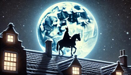  Sinterklaas Silhouetted on a Rooftop with Horse Under a Starry Sky