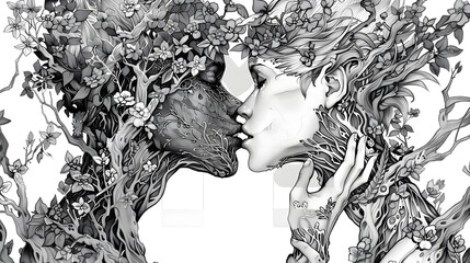 Poster - an extremely detailed full-body line-art illustration of humanoid trees kissing