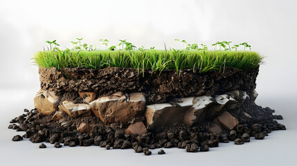 Poster - Round cross section of soil ground with green grass and earth ground, realistic 3D rendering circle cutaway terrain floor with isolated rocks