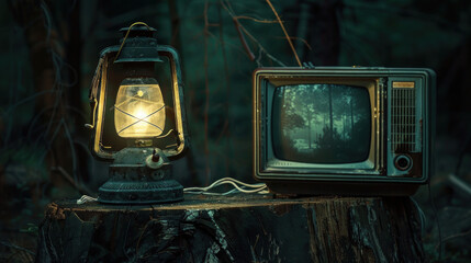 An old oil lamp and an old TV are on a tree stump in the dark. The lamp casts a warm glow on the TV, which is showing a vintage black and white film.