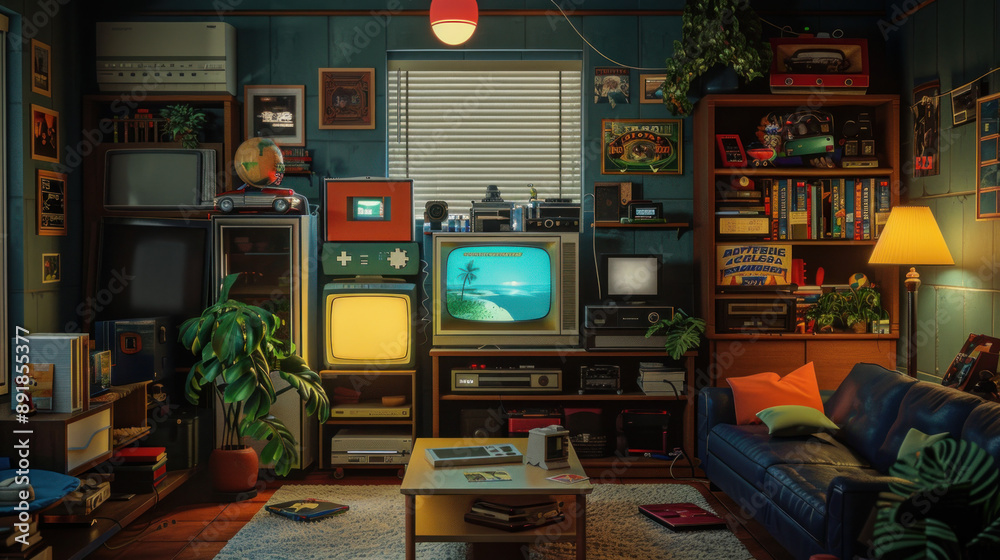 Cozy living room with retro gaming setup featuring classic TV, console ...
