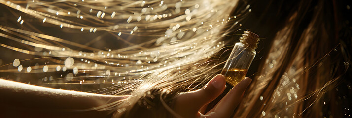 A cascade of silky hair, bathed in sunlight, flows over a hand delicately holding a bottle of nourishing hair oil