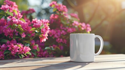 Poster - Mockup of white coffee mug on outdoor table with blooming flowers background for branding display