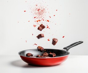 Canvas Print - Freshly cooked meat chunks flying into the air above a red frying pan. Simple and modern culinary style. Use for cooking blogs, recipe websites or food content creation. AI