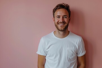 Portrait of a happy 30 - year - old man wearing a white t shirts with hands in pocket next to a light pink pastel background. Mock up t shirt concept, Generative AI