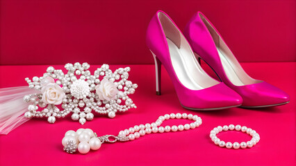 Vibrant pink wedding accessories and high heels