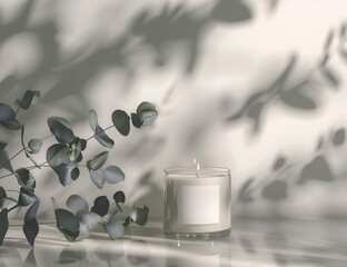 Photo of a candle in an empty glass jar with a white label mockup.