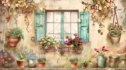 Flowers blooming in pots on vintage window sill with open shutters