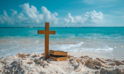 Bible book and cross of Jesus Christ on sea sand beach and church summer retreat and summer bible school summer camp, Generative AI